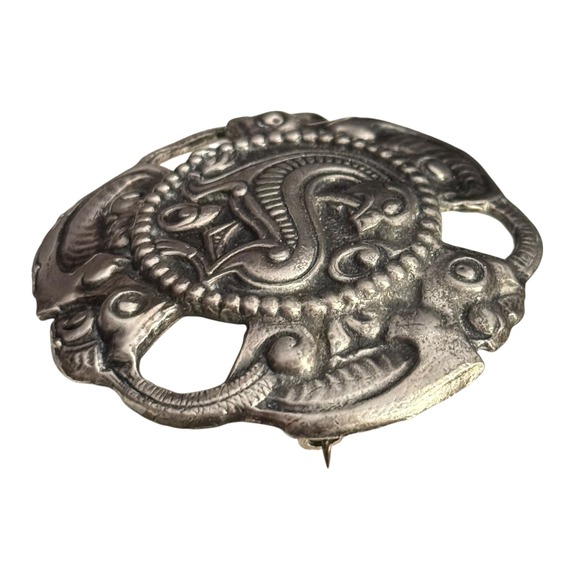 Vintage Viking Dragon Brooch Pewter Tone Norse Mythology Pin 1970s - Picture 7 of 9